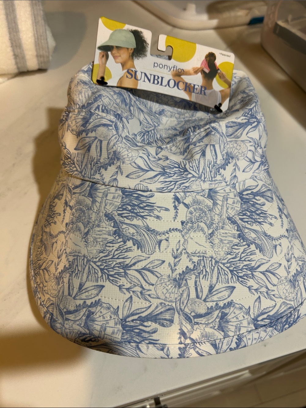 Ponyflax Sunblocker Floral Print Visor - Blue on Cream